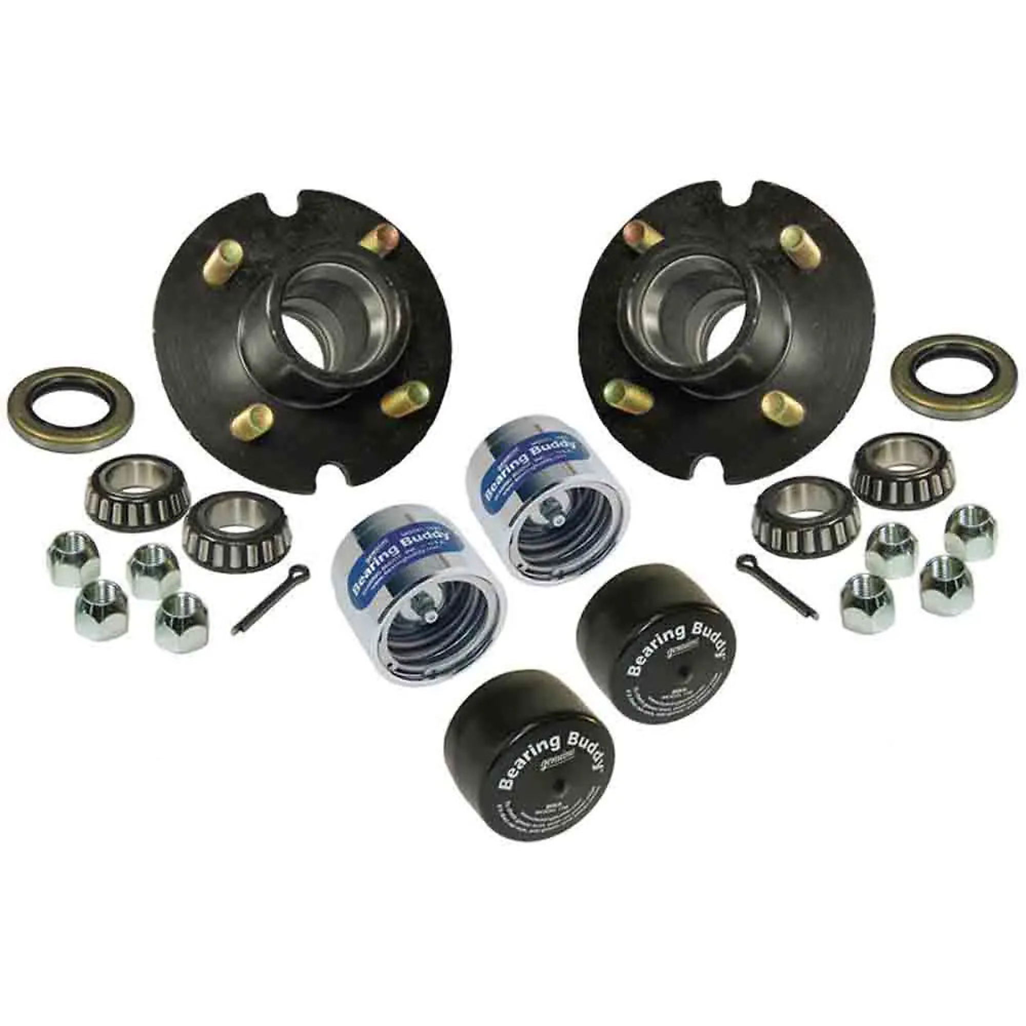 Rigid Hitch, 4-Bolt Idler Hub Kit for 1 inch Straight Spindles-PAIR, 4-Bolt on 4in Circle, For 2000 lb Axle, 1250 lb Capacity per Hub, Complete Bearing and Seal Kit, Bearing Protectors and Bras, Model#  BT-100-04-A-BBC